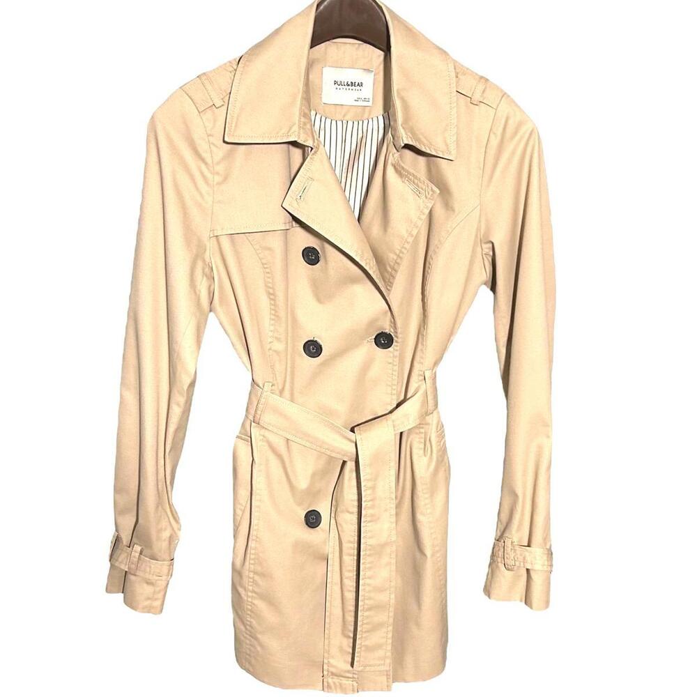 PULL&BEAR Womens (M) Khaki Tan Double-Breasted Mid-Length Trench Coat - Lined